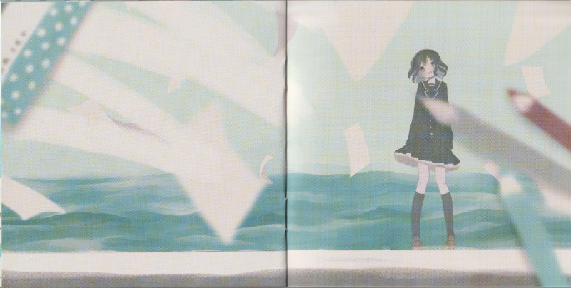 illustration by meisa. a character creepily looking at us. paper flying from everywhere. there are paper strips and colored pencils in the foreground as well.